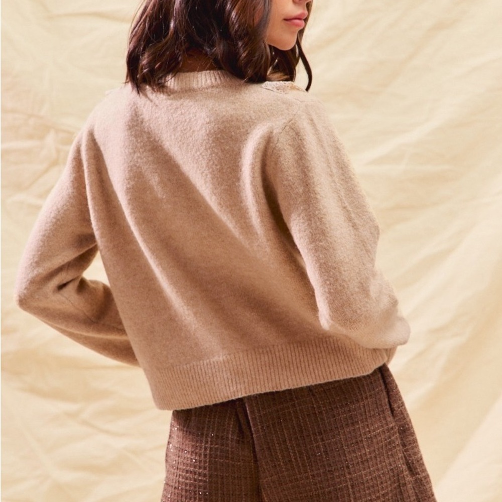 Front Lace Trim Button Cardigan Sweater
Beige Lace-Trimmed Sweater - Picture 12 of 12